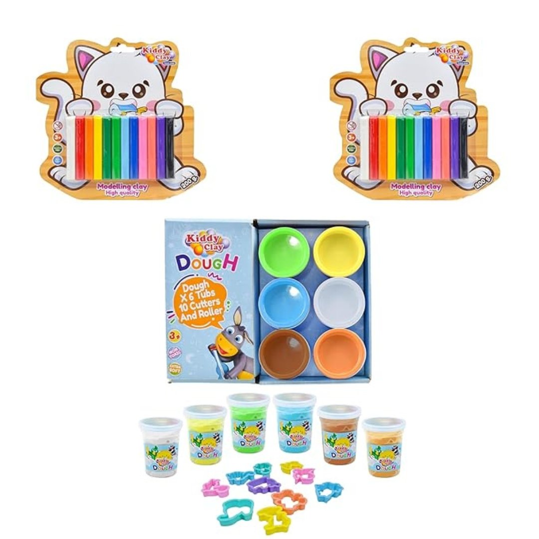 1 Kiddy Clay Combo Pack of 3 – Includes 6-Color Dough Set with 6 Tubs, 10 Shape Cutters & 2 x 12- Clay Round Stick Sets (200g Each) – Ideal Gift for Kids, Soft Clay for Arts, Crafts & DIY Creativity - Image 1