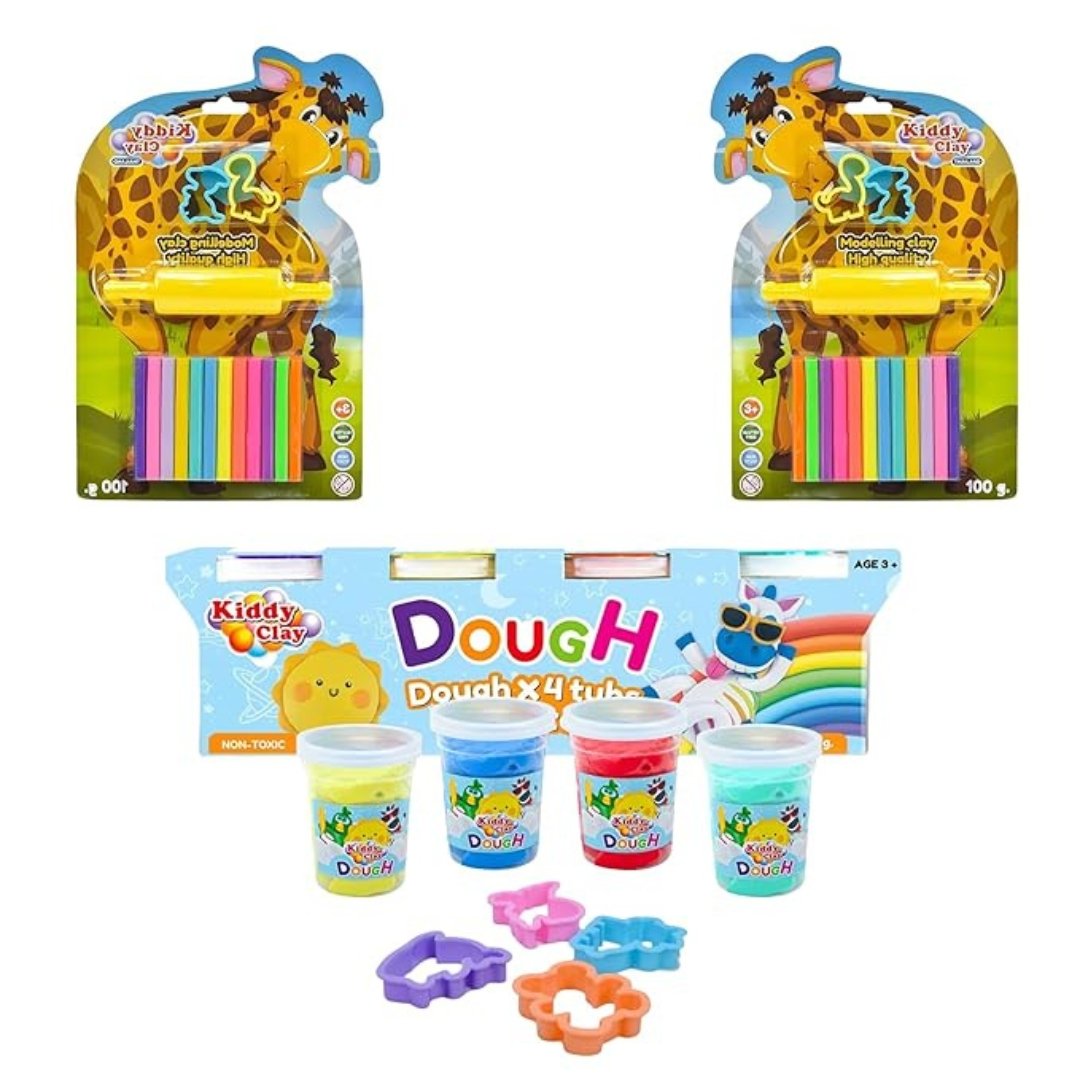 dough 3 Kiddy Clay Combo Pack of 3 – Includes 4-Color 400g Dough Set with 4 Shape Cutters & 2X 12-Color Modelling Clay Sets with Roller & 2 Cutters – Soft Clay for Arts, Crafts & DIY Creativity - Image 1