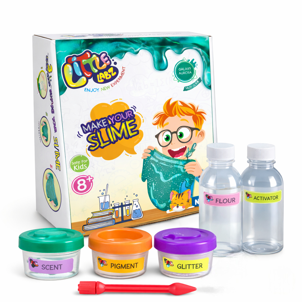 slime diy kit 01 NARA Little Labz Make Your Own Slime DIY Kit for Kids, Mud Slime Making Kit, Safe Non-Toxic Sensory Play Gift, Includes Activator, Flour, Pigment, Glitter, Scent & Tool, Ages 8+ - Image 1